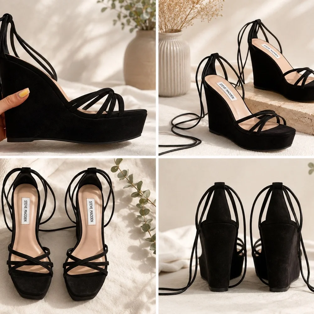 Steve Madden Black Suede Lace-Up Wedge Sandals
